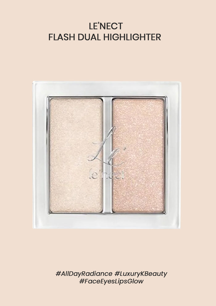 A compact dual highlighter by LE'NECT, with the shades 'Champagne Shimmer' and 'Glitter Shower', shown in an open case with a mirror.