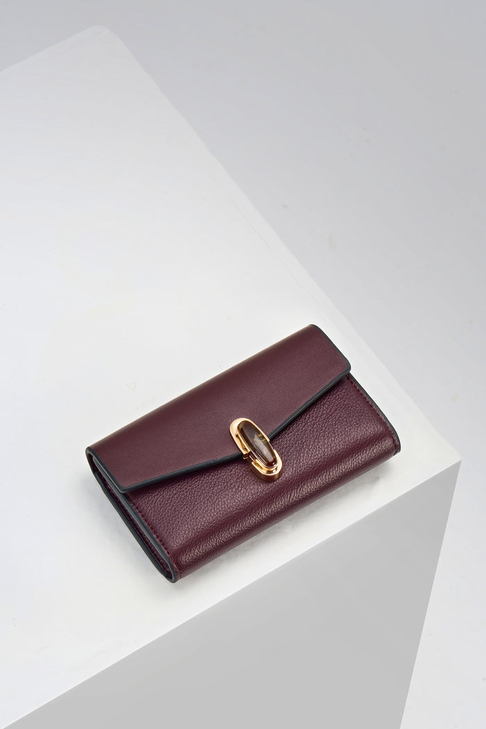 Leontina Black Cherry faux leather Medium Purse with molten metal Waterloo Twist Lock closure detail on top flap