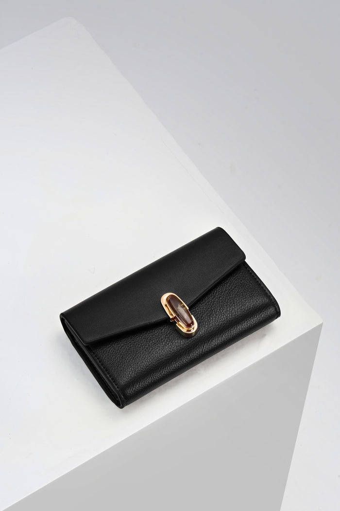 Leontina Black faux leather Medium Purse with molten metal Waterloo Twist Lock closure detail on top flap