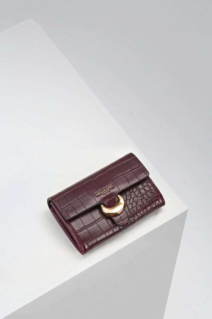 Letitia Black Cherry Crocodile print faux leather Medium Purse with molten metal Cannon Street clasp closure detail on the front