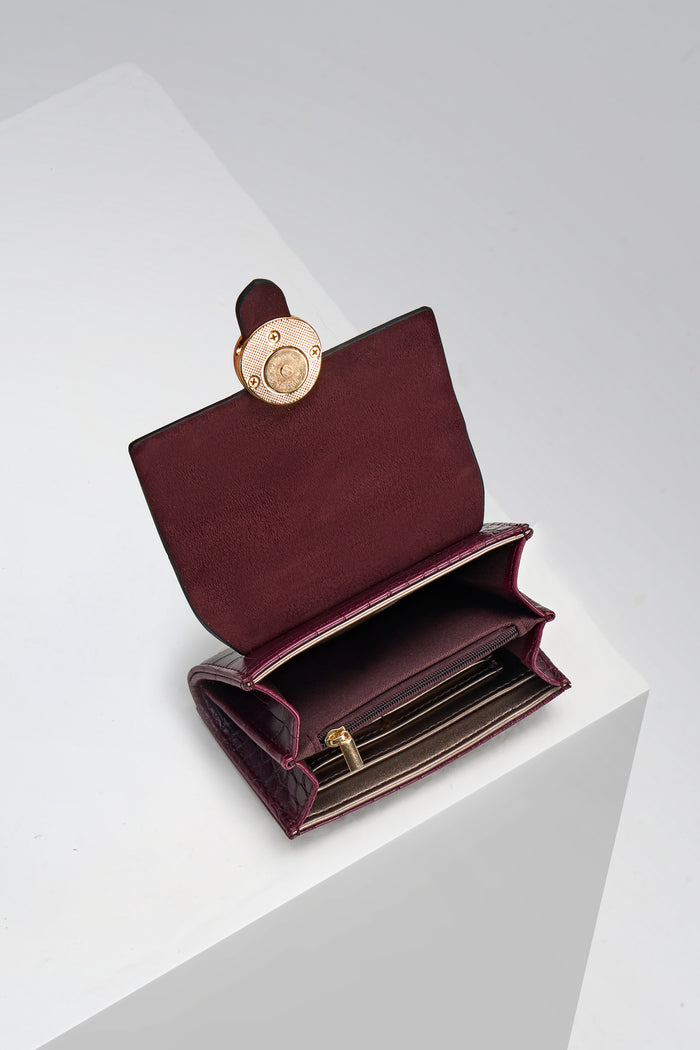 Letitia Black Cherry Crocodile print faux leather Medium Purse open showing the inside with top zip coin compartments and card slots