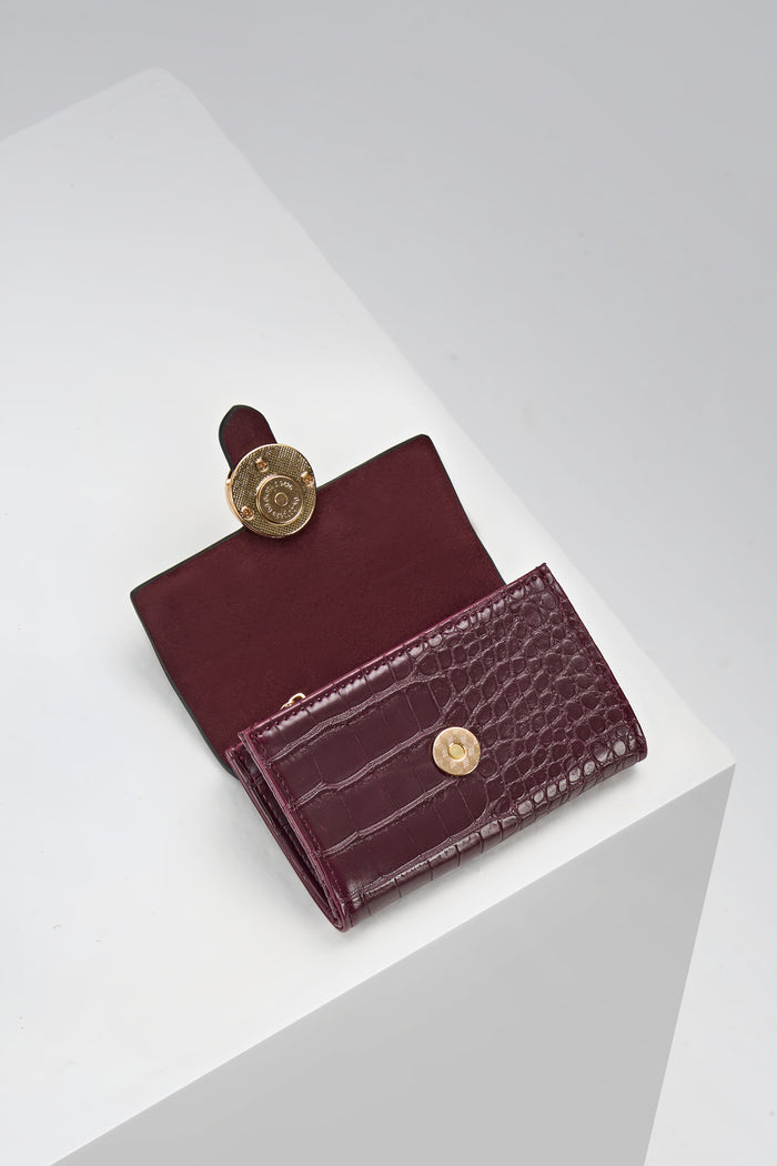 Front of Letitia Black Cherry Crocodile print faux leather Medium Purse open showing the use of the Cannon Street clasp
