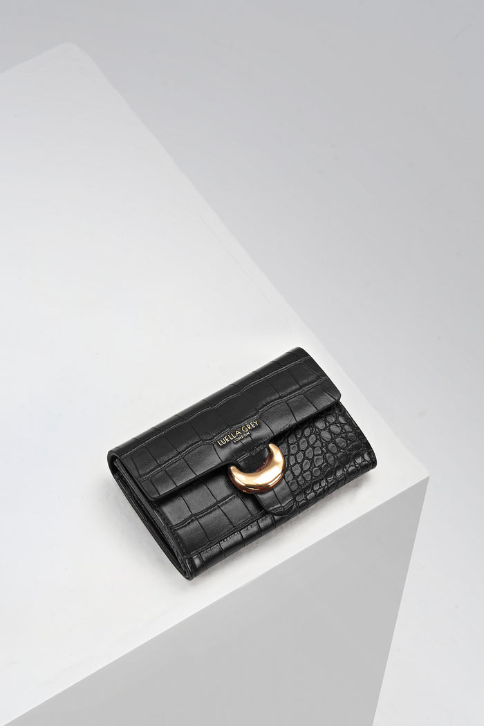 Letitia Black Crocodile print faux leather Medium Purse with molten metal Cannon Street clasp closure detail on the front