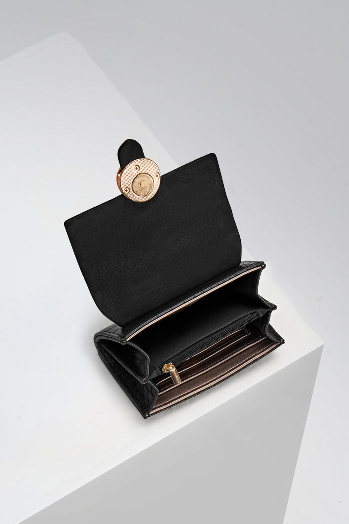 Letitia Black Crocodile print faux leather Medium Purse open showing the inside with top zip coin compartments and card slots