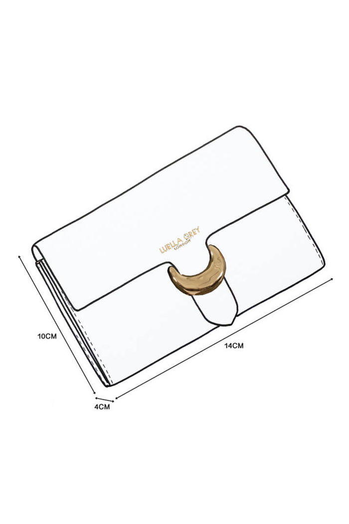 Line drawing design sketch of Letitia faux leather Medium Purse with molten gold Cannon Street Clasp detail