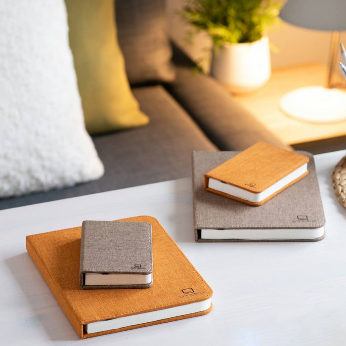 Gingko Design linen fabric smart book light lamp featuring a soft, textured linen cover and adjustable LED reading light.