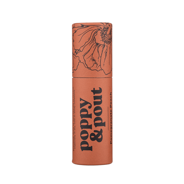 Lip balm tube with orange-pink color and twist cap, Poppy & Pout label