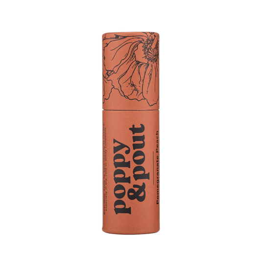 Lip balm tube with orange-pink color and twist cap, Poppy & Pout label