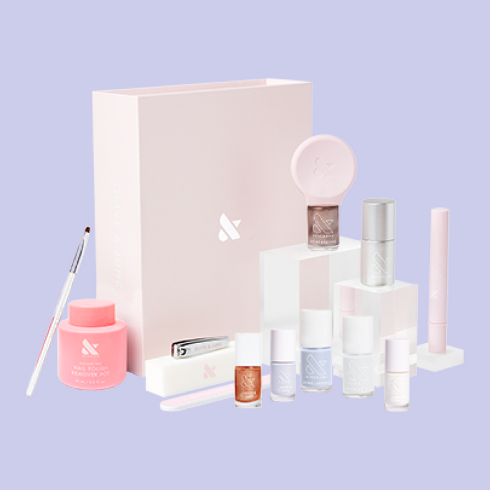 Mama and Me System manicure set with matching polish shades and tools for moms and kids at home mani care.