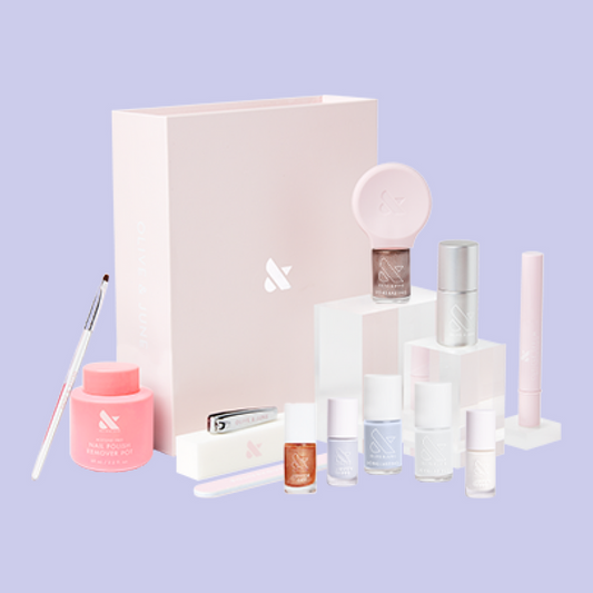 Mama and Me System manicure set with matching polish shades and tools for moms and kids at home mani care.