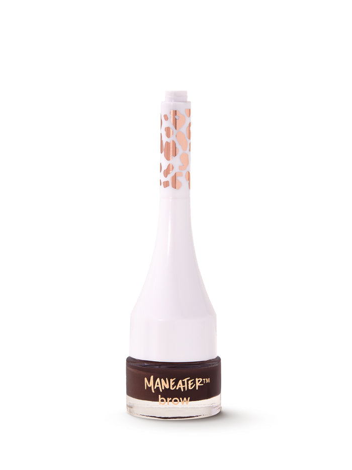White bottle with brown label on a white background