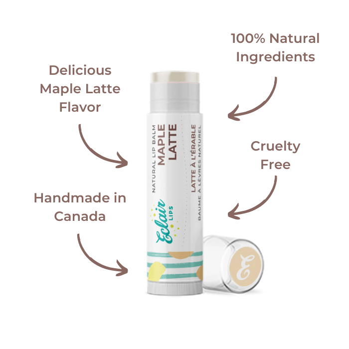 Lip balm tube labeled Maple Latte