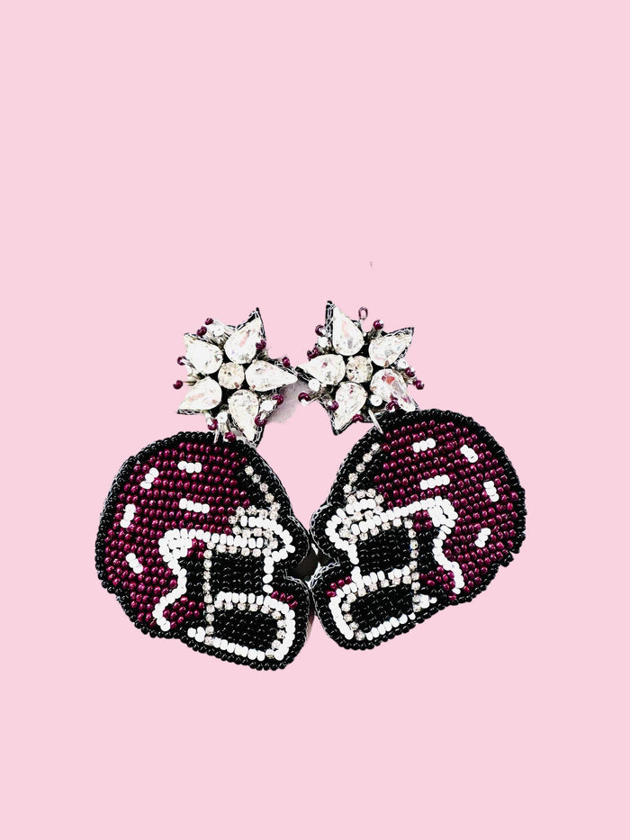 Maroon beaded earrings by Camel Threads featuring intricate beadwork and dangle design, perfect for stylish accessories.