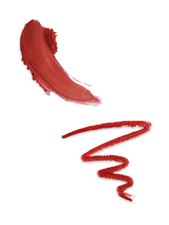 Dirty Love -- swatches of red waterproof lip liner and lipstick on white background