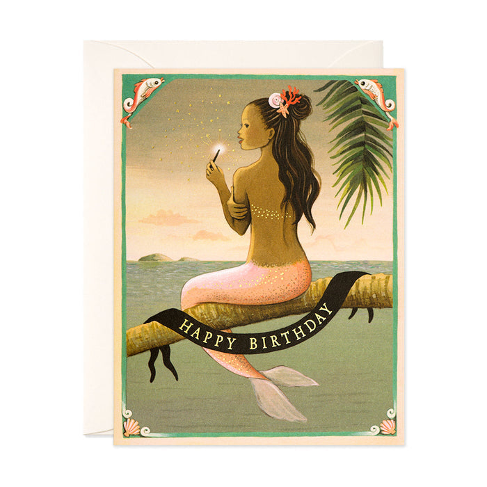 Mermaid birthday card with mermaid tail silhouette and Happy Birthday text