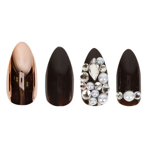Metallic Mirror Effect 3D Shining Stone Long Almond Design Press On Nail Tips 24 Nails - ikatehouse