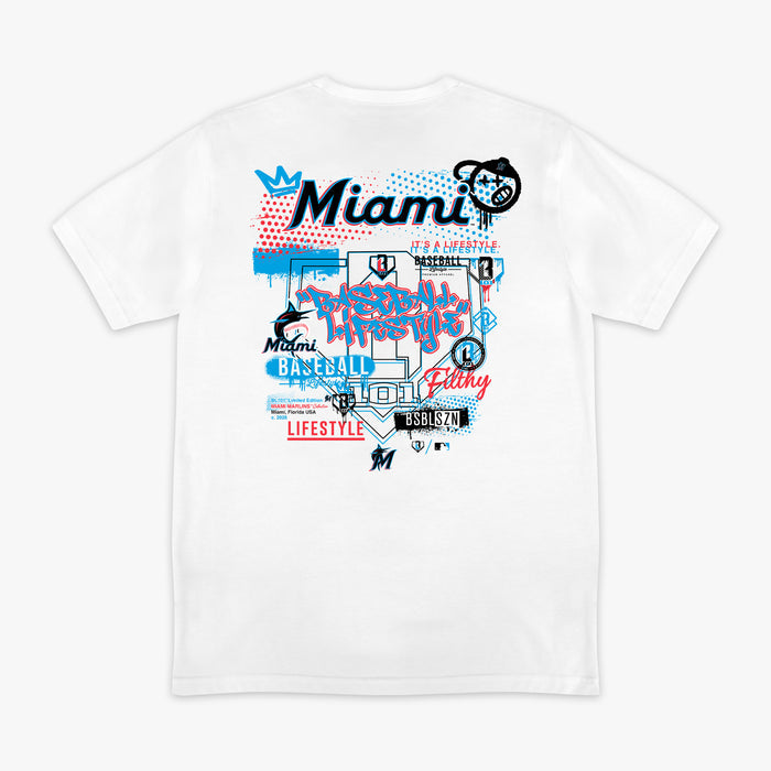 Graphic tee with “Miami Marlins Drip” design — back view