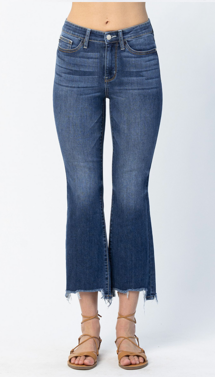 Midrise Distressed Boot Cut w/Step Hem Jeans