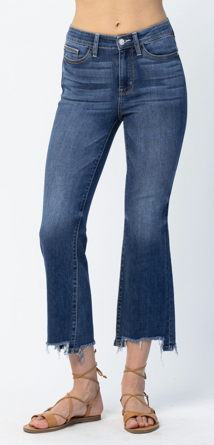 Midrise Distressed Boot Cut w/Step Hem Jeans