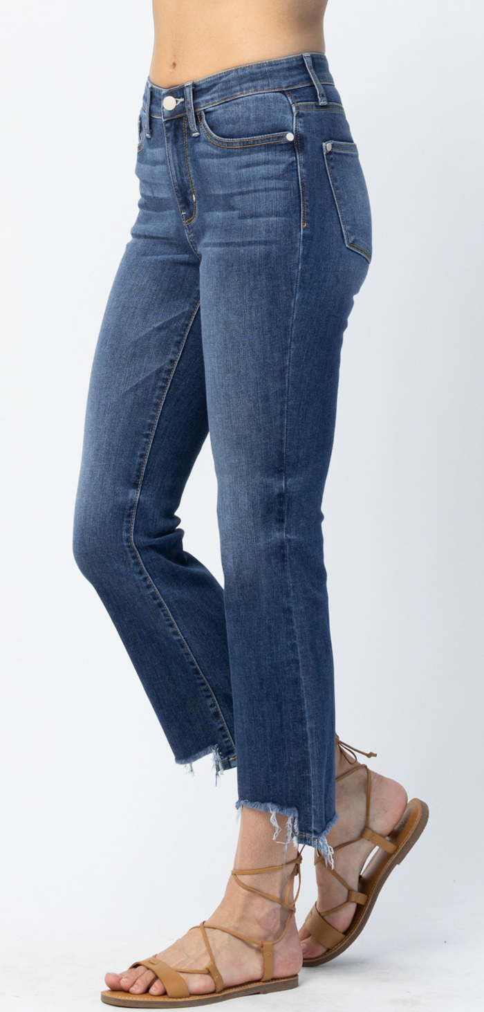 Midrise Distressed Boot Cut w/Step Hem Jeans