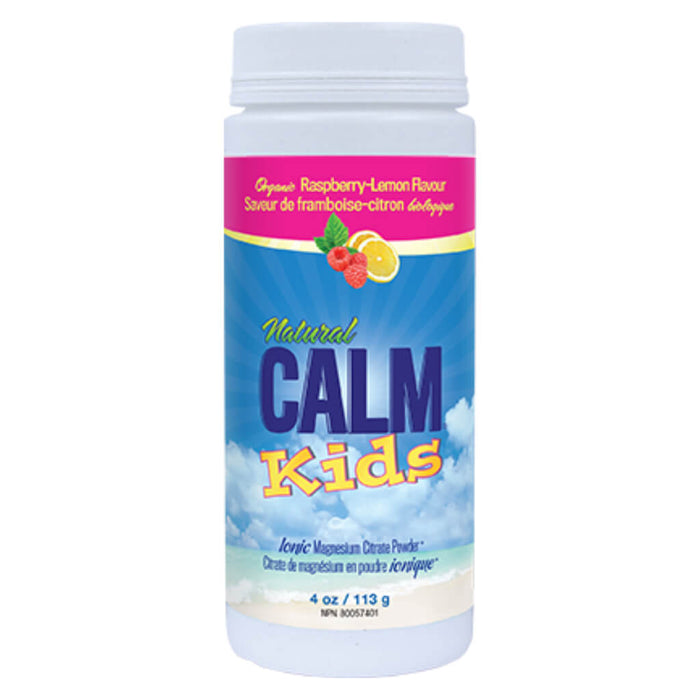 Bottle of Natural Calm Kids Ionic Magnesium Citrate Powder Organic Raspberry-Lemon Flavour 113 Grams 4 Ounces | Optimum Health Vitamins, Canada