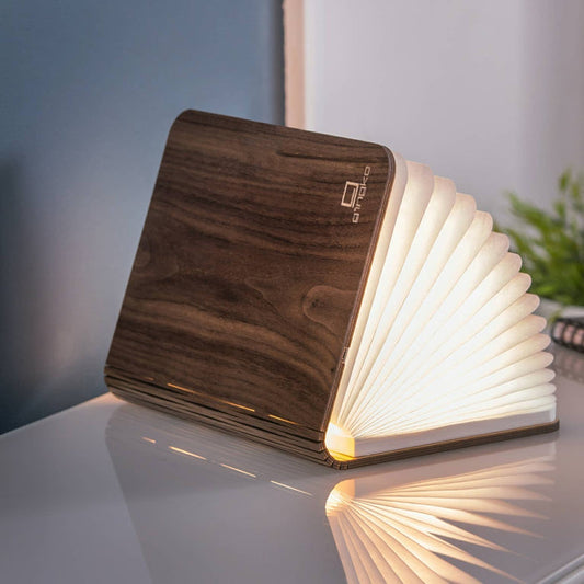 Natural wood smart book light by Gingko Design, illuminated lamp with sleek wooden finish and adjustable arm for reading.