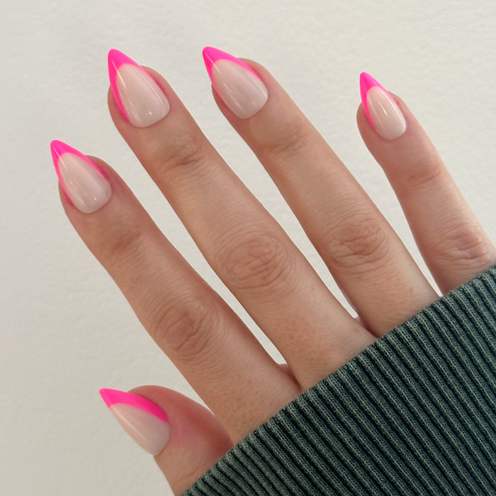 Neon Pink French - Press-On | Medium | Stiletto with bright neon pink tips on natural base for easy at-home manicure