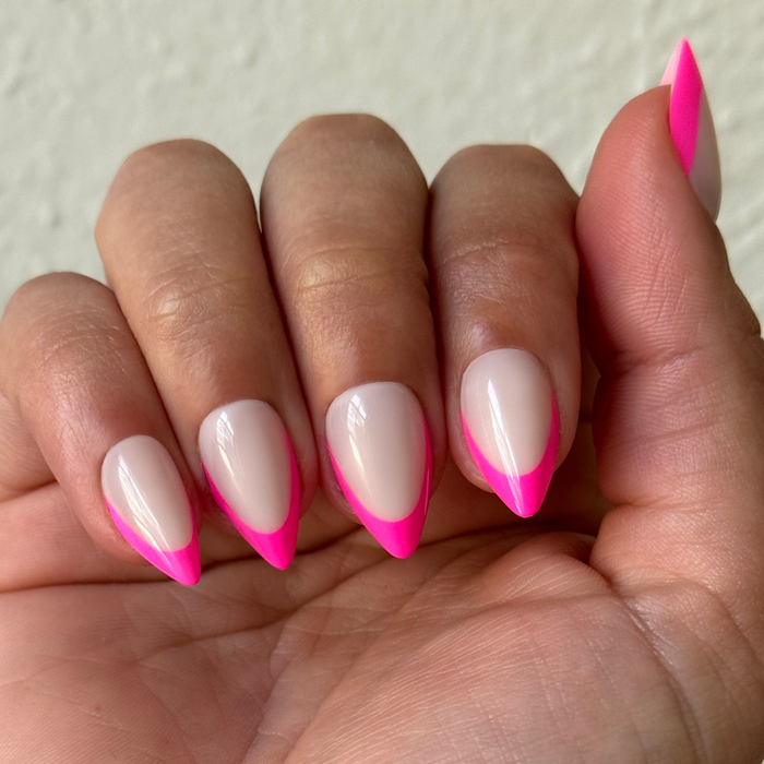 Neon Pink French - Press-On | Medium | Stiletto manicure with bright neon pink tips on natural base for easy at-home mani