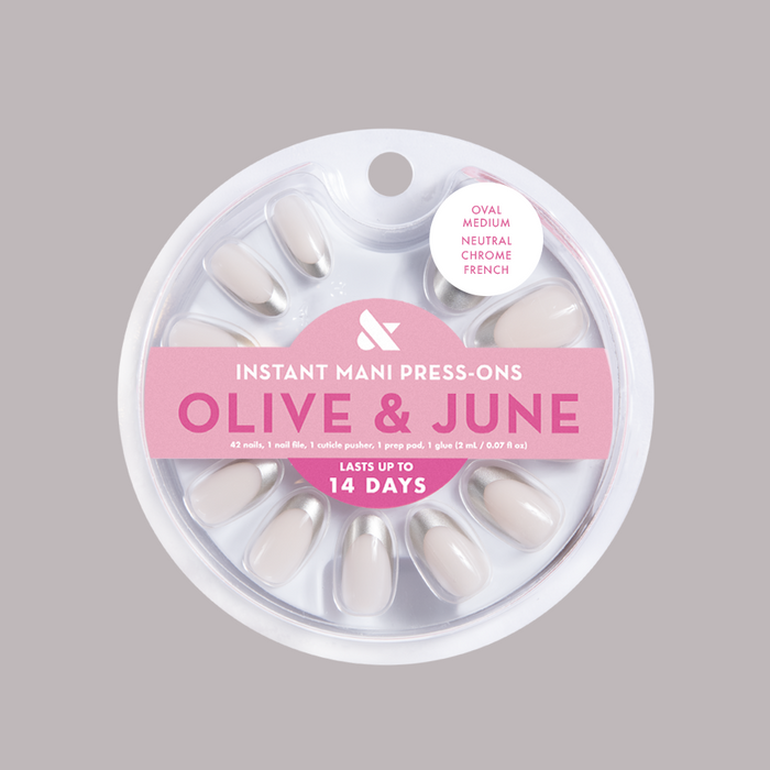 Neutral Chrome French - Press-On | Medium | Oval false nails set in neutral shades with shimmery silver tips for easy at-home mani by Olive and June