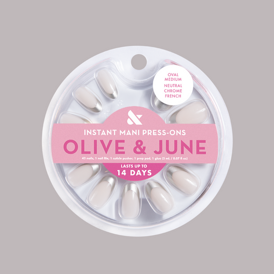 Neutral Chrome French - Press-On | Medium | Oval false nails set in neutral shades with shimmery silver tips for easy at-home mani by Olive and June