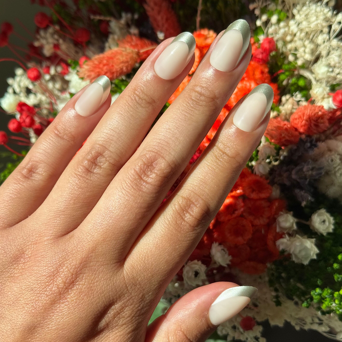 Neutral Chrome French - Press-On | Medium | Oval medium oval press-on nails with shimmery silver tips for easy at-home manicure by Olive and June