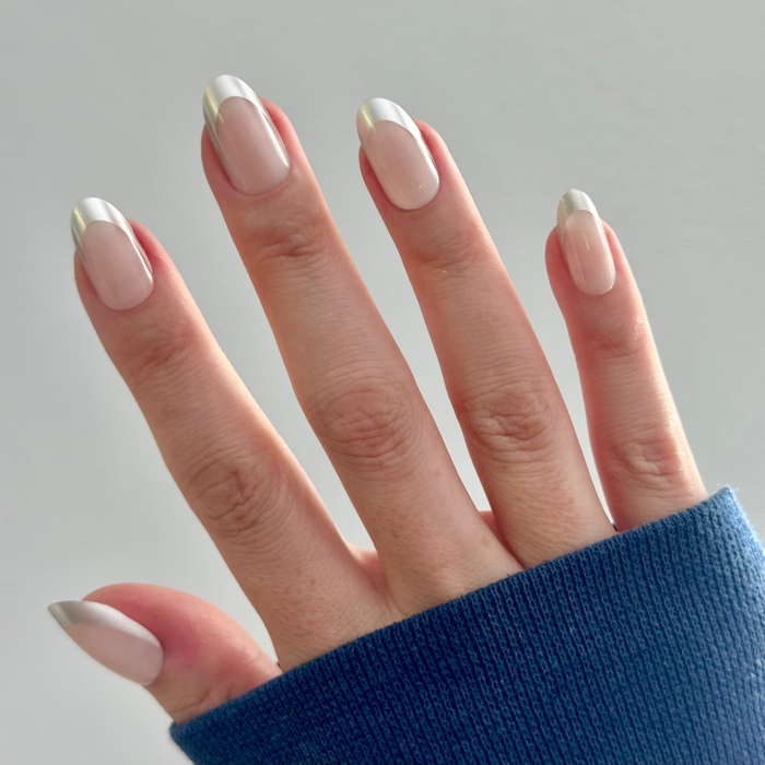 Neutral Chrome French - Press-On | Medium | Oval medium oval press-on nails with shimmery silver tips for easy at-home manicure