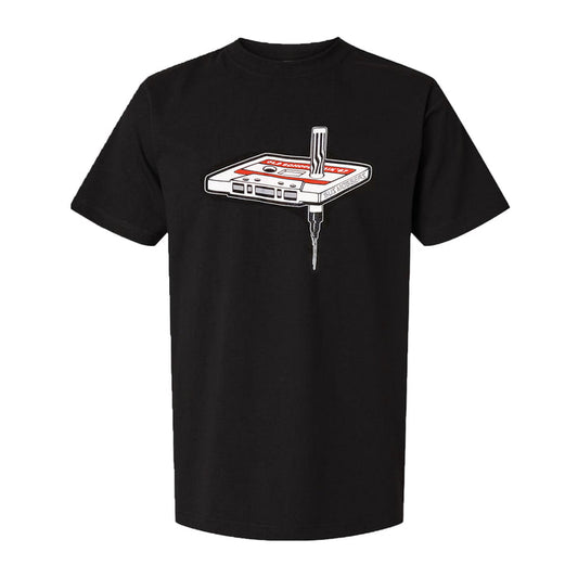 Black shirt with white mixtape and pilot marker