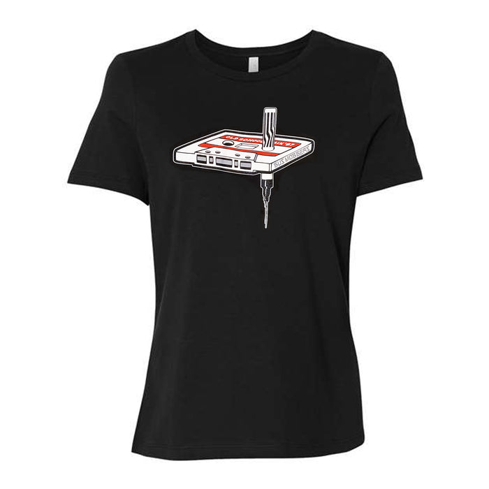 Black womens shirt with white mixtape and pilot marker
