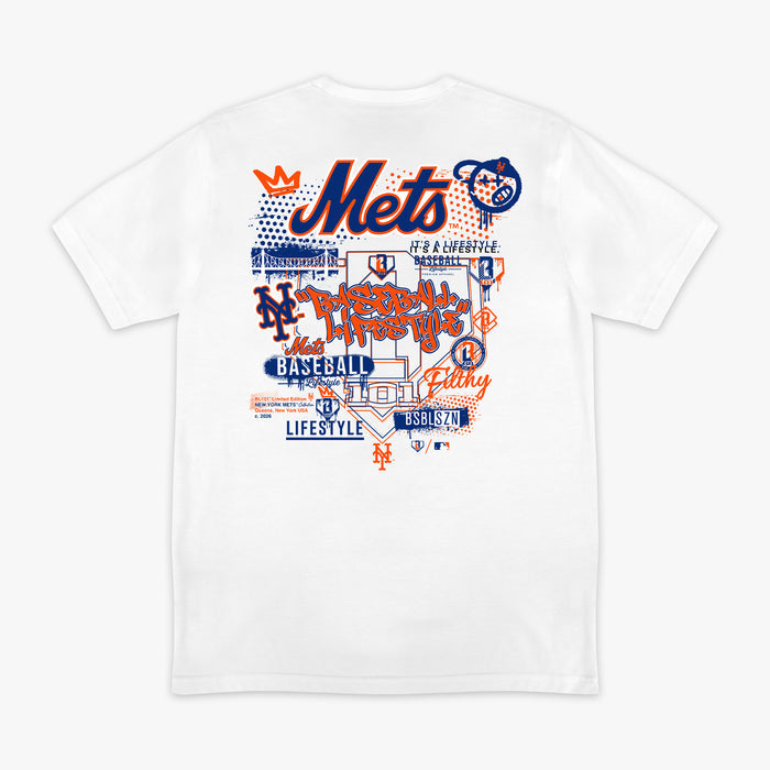 White graphic tee with "New York Mets Drip" design — back view