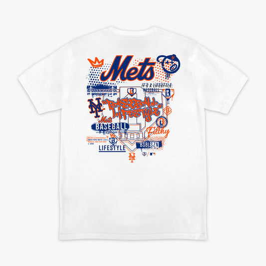 White graphic tee with "New York Mets Drip" design — back view