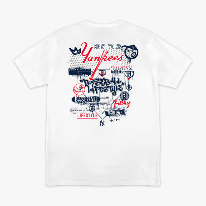 Graphic tee with “New York Yankees Drip” design — back view