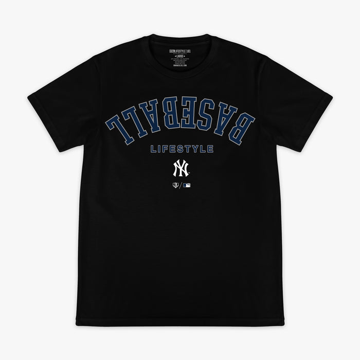 Black graphic tee with "New York Yankees Upside Down" design — front view