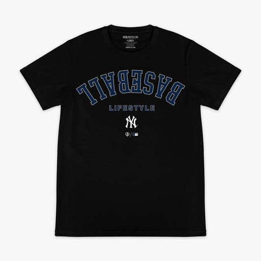 Black graphic tee with "New York Yankees Upside Down" design — front view