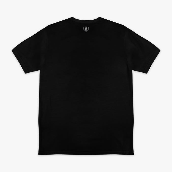 Black graphic tee with "New York Yankees Upside Down" design — back view
