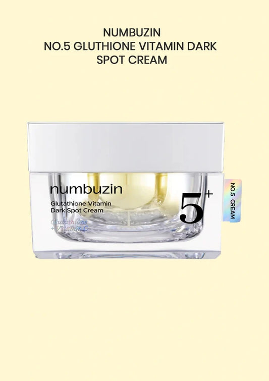 Numbuzin No.5 Glutathione Vitamin Dark Spot Cream packaging on a light yellow background
