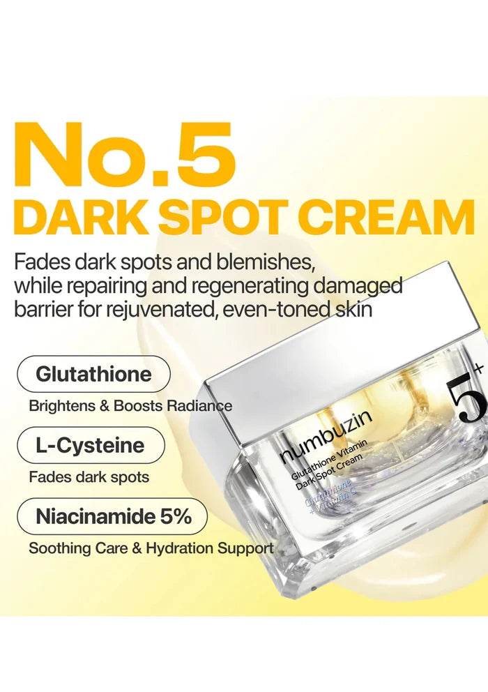 Numbuzin No.5 Dark Spot Cream packaging with product details on a yellow background