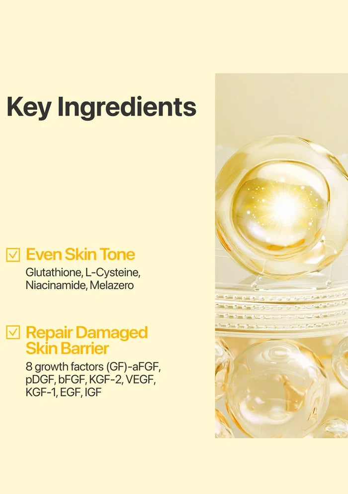 Key ingredients of skincare product with text on even skin tone and damaged skin barrier repair.