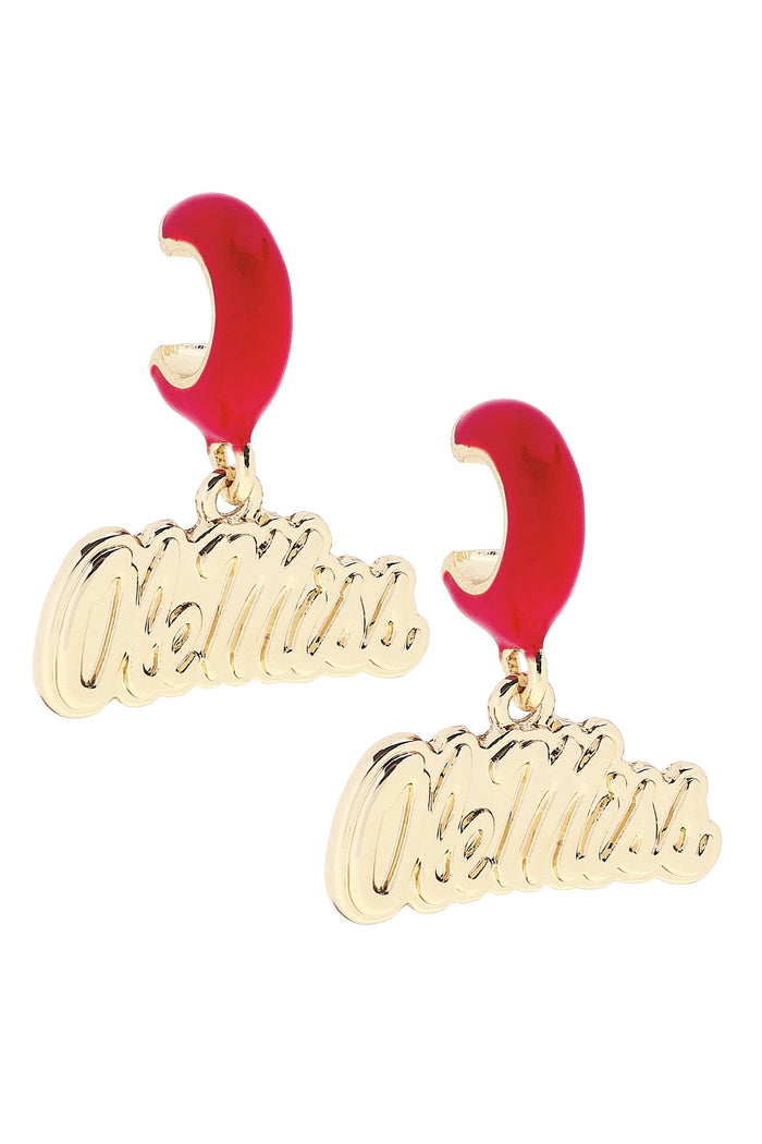 Ole Miss Rebels Logo Huggie Hoop Earrings in Red/Shiny Gold