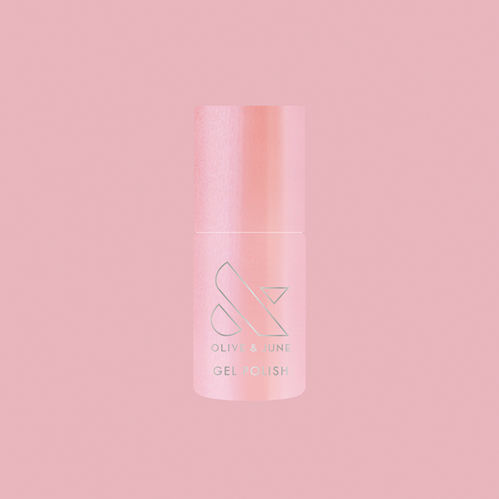 Bottle of Olive Y’all - Gel nail polish in sheer bubble gum pink-blue iridescent for a delicate mani look