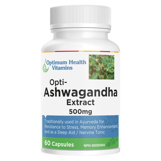 Bottle of Optimum Health Vitamins Opti-Ashwagandha Extract 500mg 60 Capsules