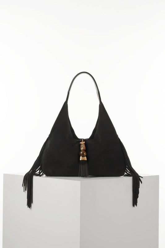 Paloma Black Suede Fringe Shoulder Bag