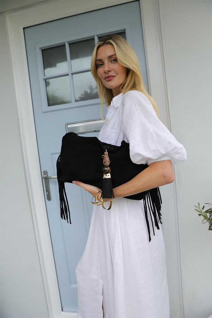 Paloma Black Suede Fringe Shoulder Bag