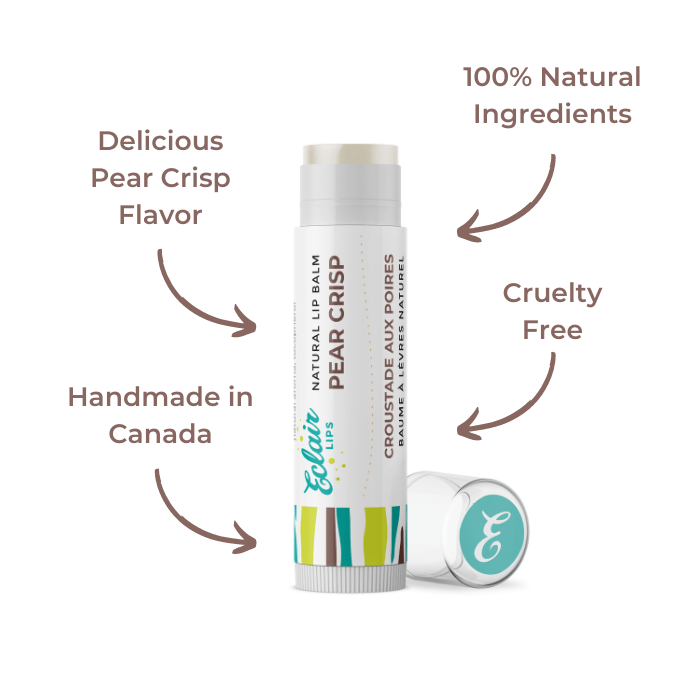 Lip balm tube with Pear Crisp label, cap beside it.