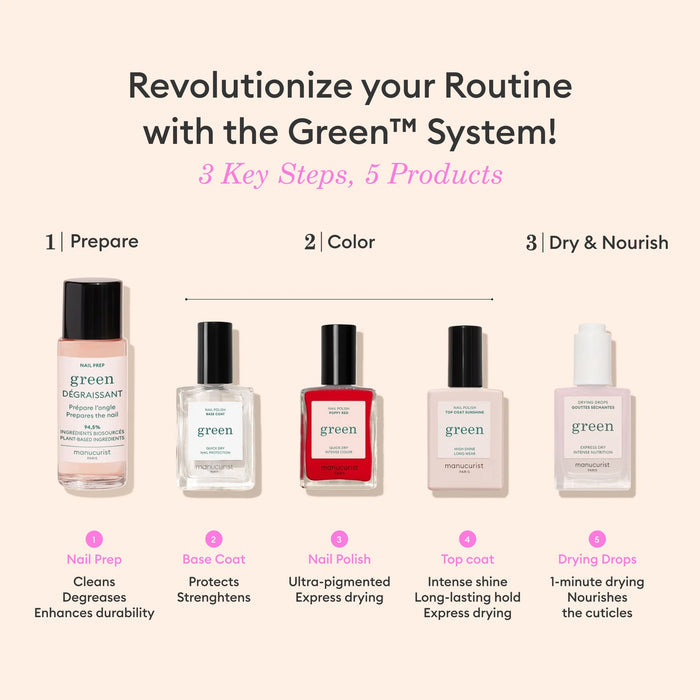Discover Manucurist's Pink Sorbet Jelly, a translucent pink nail polish for the Green™ step-by-step routine: Prepare, Color, and Dry  Nourish. Achieve clean, healthy nails with an ultra-glossy syrup effect.